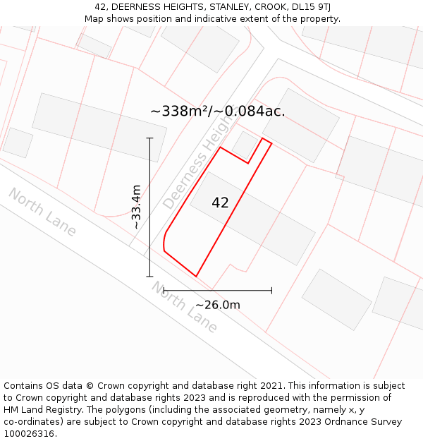 42, DEERNESS HEIGHTS, STANLEY, CROOK, DL15 9TJ: Plot and title map