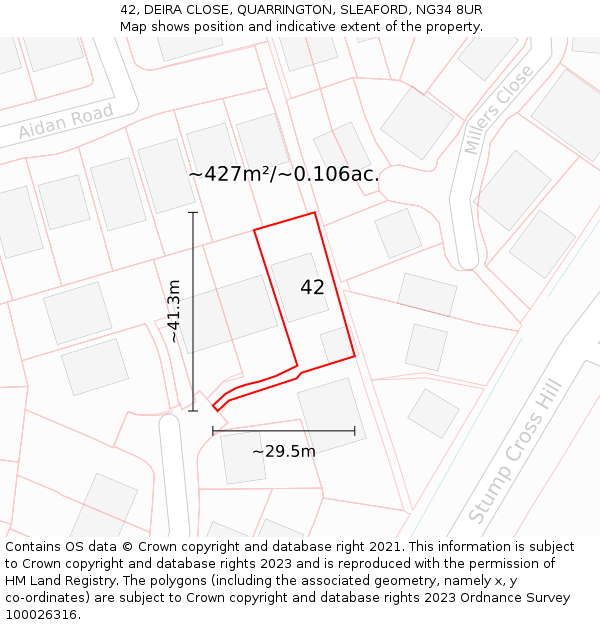 42, DEIRA CLOSE, QUARRINGTON, SLEAFORD, NG34 8UR: Plot and title map