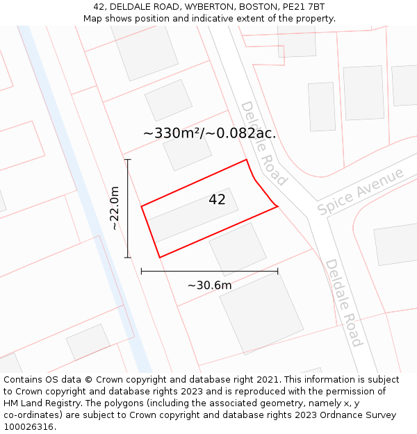 42, DELDALE ROAD, WYBERTON, BOSTON, PE21 7BT: Plot and title map