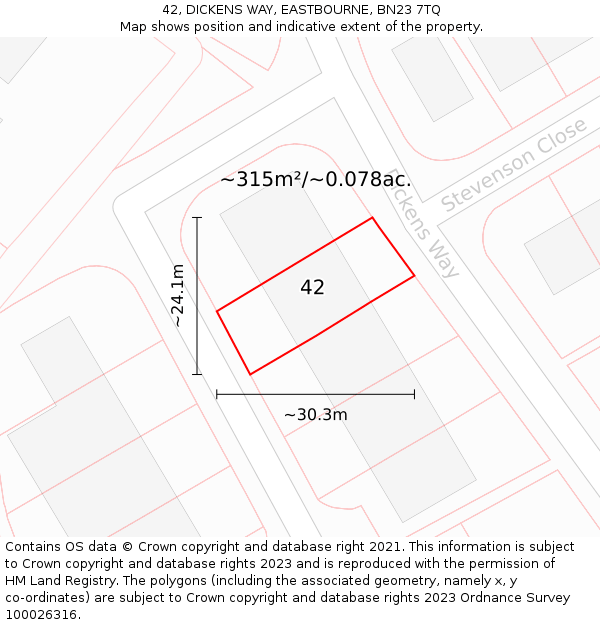 42, DICKENS WAY, EASTBOURNE, BN23 7TQ: Plot and title map