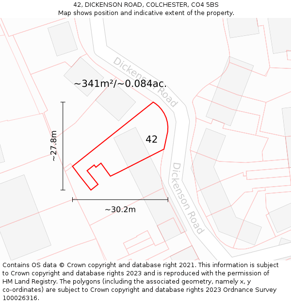 42, DICKENSON ROAD, COLCHESTER, CO4 5BS: Plot and title map