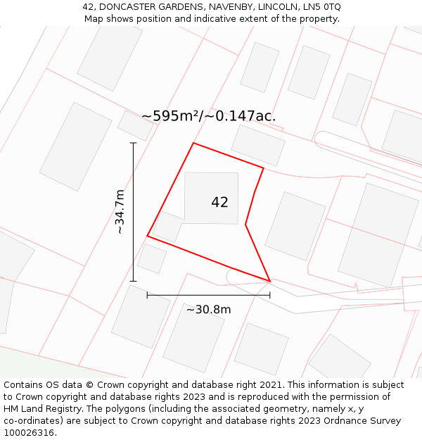 42, DONCASTER GARDENS, NAVENBY, LINCOLN, LN5 0TQ: Plot and title map