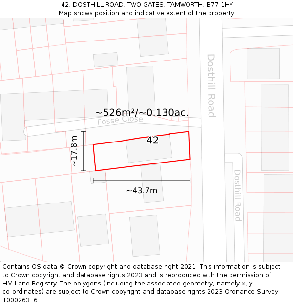 42, DOSTHILL ROAD, TWO GATES, TAMWORTH, B77 1HY: Plot and title map