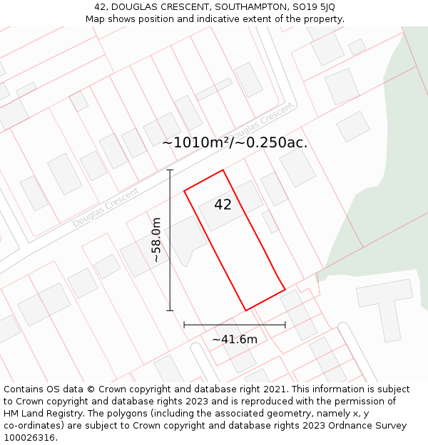 42, DOUGLAS CRESCENT, SOUTHAMPTON, SO19 5JQ: Plot and title map