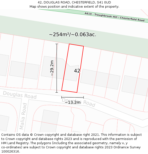 42, DOUGLAS ROAD, CHESTERFIELD, S41 0UD: Plot and title map