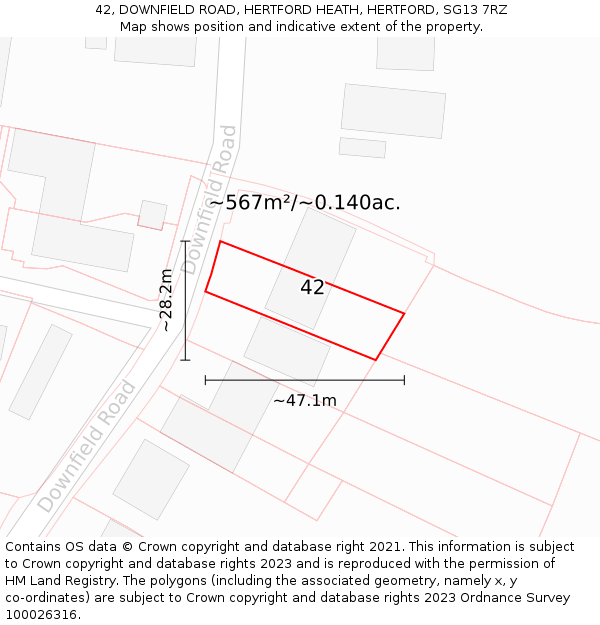 42, DOWNFIELD ROAD, HERTFORD HEATH, HERTFORD, SG13 7RZ: Plot and title map