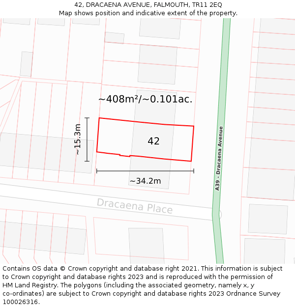 42, DRACAENA AVENUE, FALMOUTH, TR11 2EQ: Plot and title map