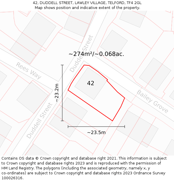 42, DUDDELL STREET, LAWLEY VILLAGE, TELFORD, TF4 2GL: Plot and title map