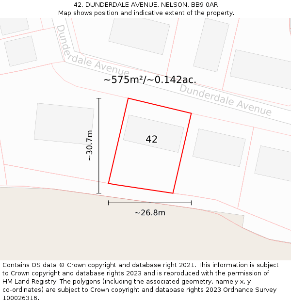 42, DUNDERDALE AVENUE, NELSON, BB9 0AR: Plot and title map