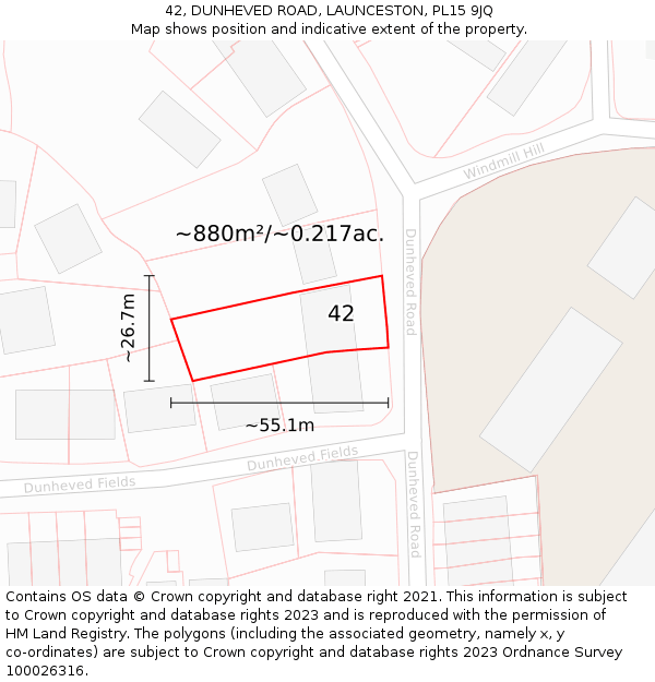 42, DUNHEVED ROAD, LAUNCESTON, PL15 9JQ: Plot and title map