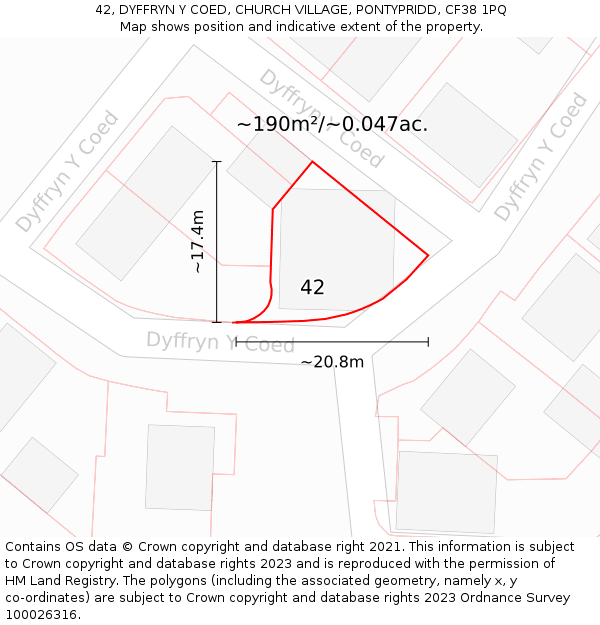 42, DYFFRYN Y COED, CHURCH VILLAGE, PONTYPRIDD, CF38 1PQ: Plot and title map