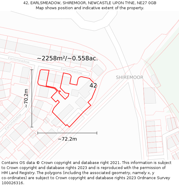 42, EARLSMEADOW, SHIREMOOR, NEWCASTLE UPON TYNE, NE27 0GB: Plot and title map