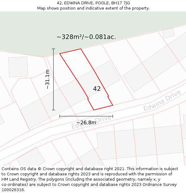 42, EDWINA DRIVE, POOLE, BH17 7JG: Plot and title map