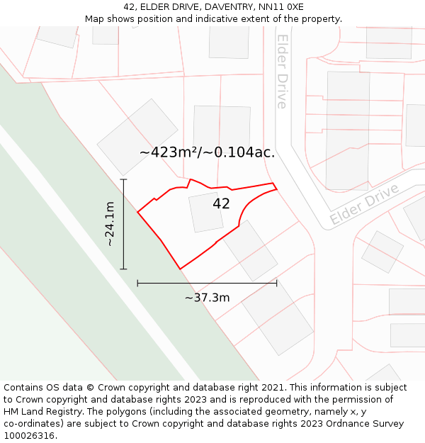 42, ELDER DRIVE, DAVENTRY, NN11 0XE: Plot and title map