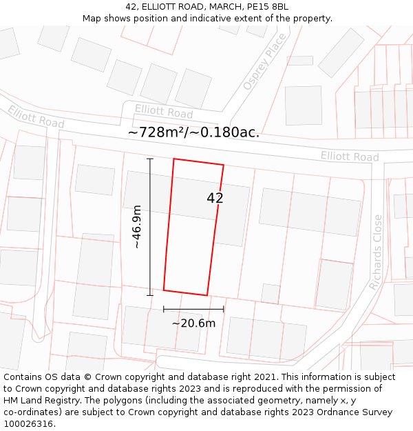 42, ELLIOTT ROAD, MARCH, PE15 8BL: Plot and title map