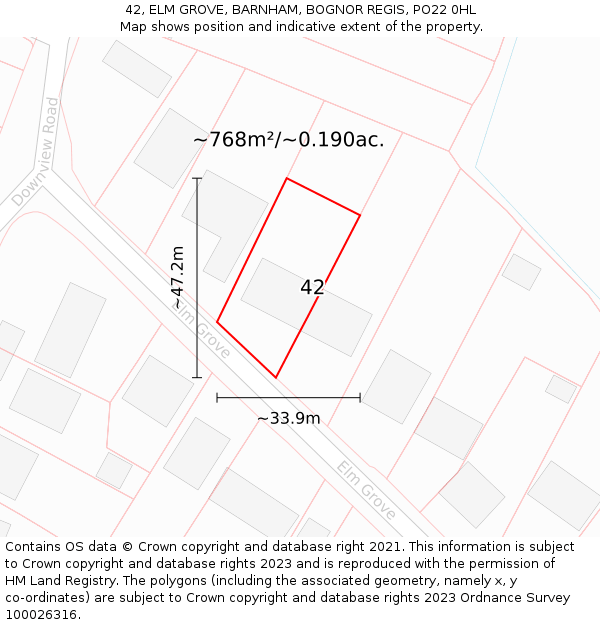 42, ELM GROVE, BARNHAM, BOGNOR REGIS, PO22 0HL: Plot and title map