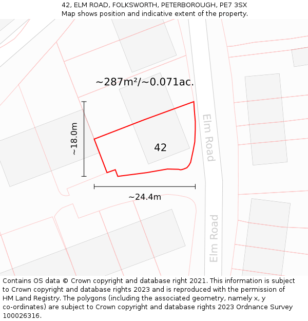 42, ELM ROAD, FOLKSWORTH, PETERBOROUGH, PE7 3SX: Plot and title map