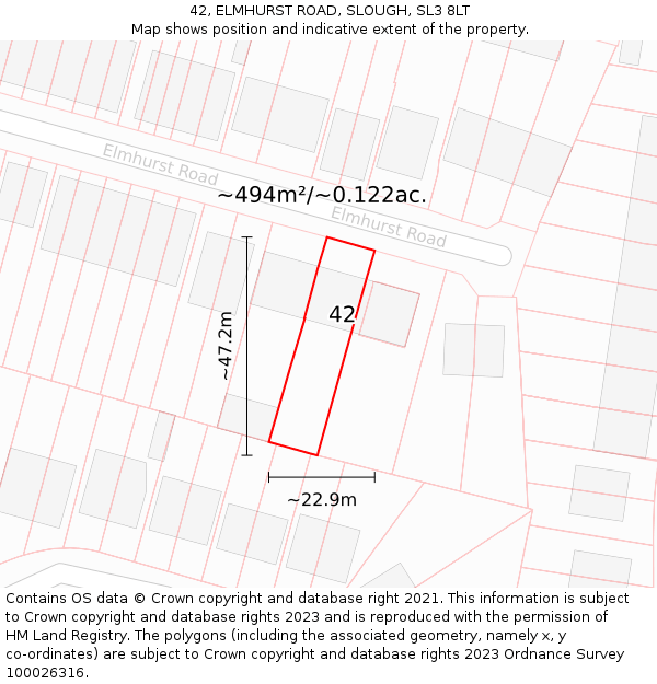 42, ELMHURST ROAD, SLOUGH, SL3 8LT: Plot and title map