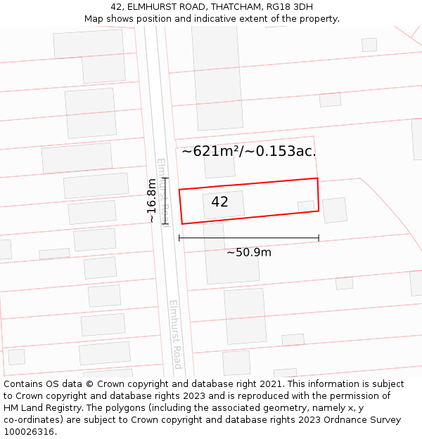 42, ELMHURST ROAD, THATCHAM, RG18 3DH: Plot and title map