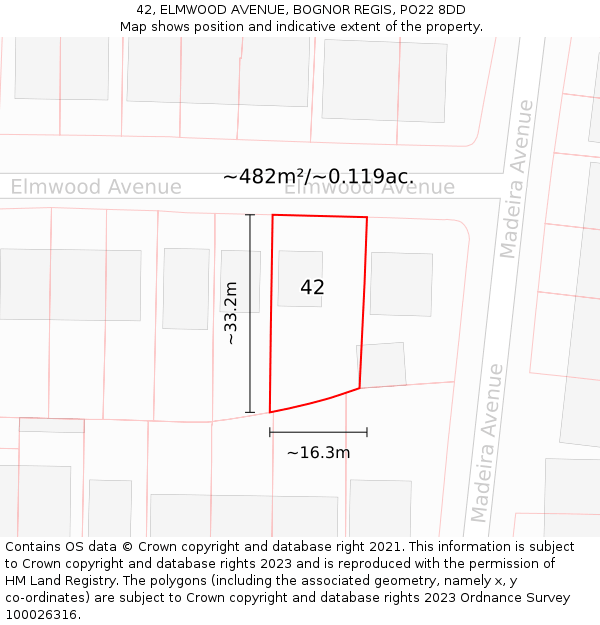 42, ELMWOOD AVENUE, BOGNOR REGIS, PO22 8DD: Plot and title map