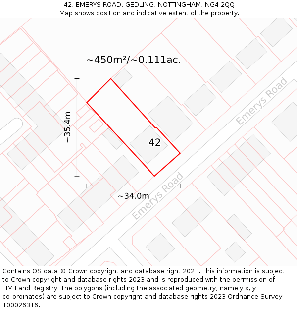 42, EMERYS ROAD, GEDLING, NOTTINGHAM, NG4 2QQ: Plot and title map