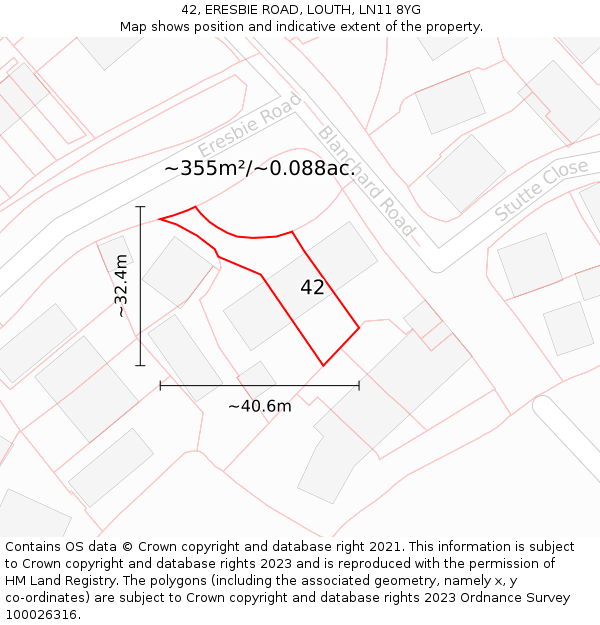 42, ERESBIE ROAD, LOUTH, LN11 8YG: Plot and title map