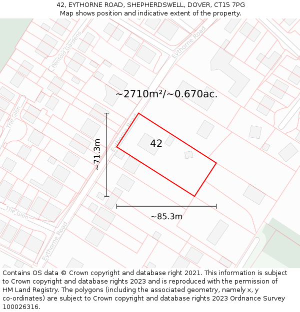 42, EYTHORNE ROAD, SHEPHERDSWELL, DOVER, CT15 7PG: Plot and title map