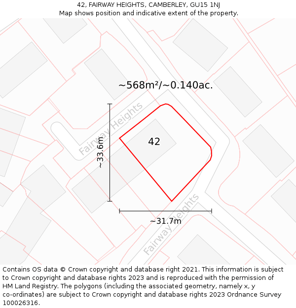 42, FAIRWAY HEIGHTS, CAMBERLEY, GU15 1NJ: Plot and title map