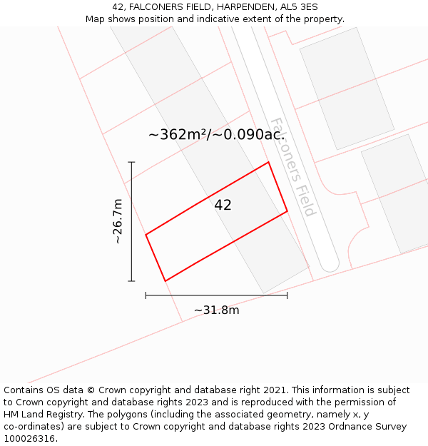 42, FALCONERS FIELD, HARPENDEN, AL5 3ES: Plot and title map