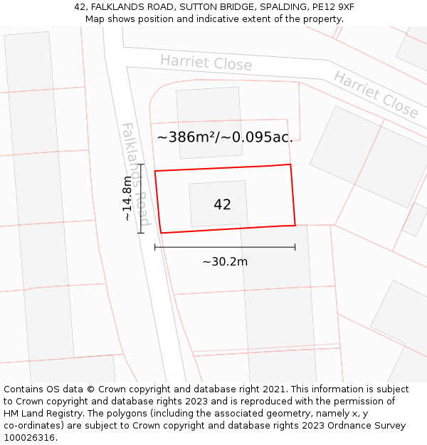 42, FALKLANDS ROAD, SUTTON BRIDGE, SPALDING, PE12 9XF: Plot and title map