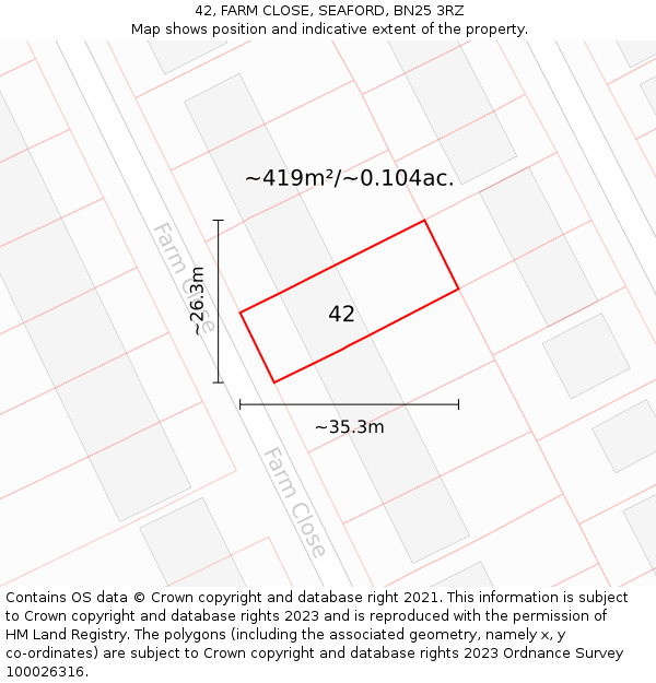 42, FARM CLOSE, SEAFORD, BN25 3RZ: Plot and title map