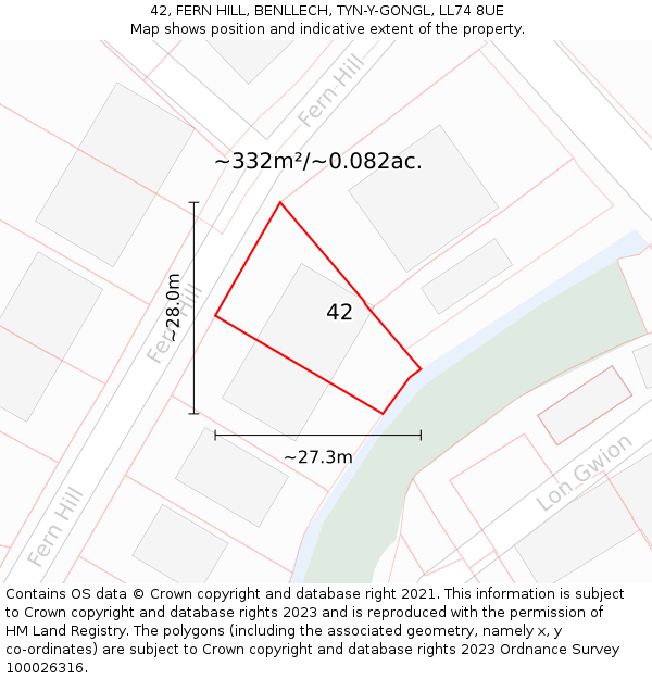 42, FERN HILL, BENLLECH, TYN-Y-GONGL, LL74 8UE: Plot and title map