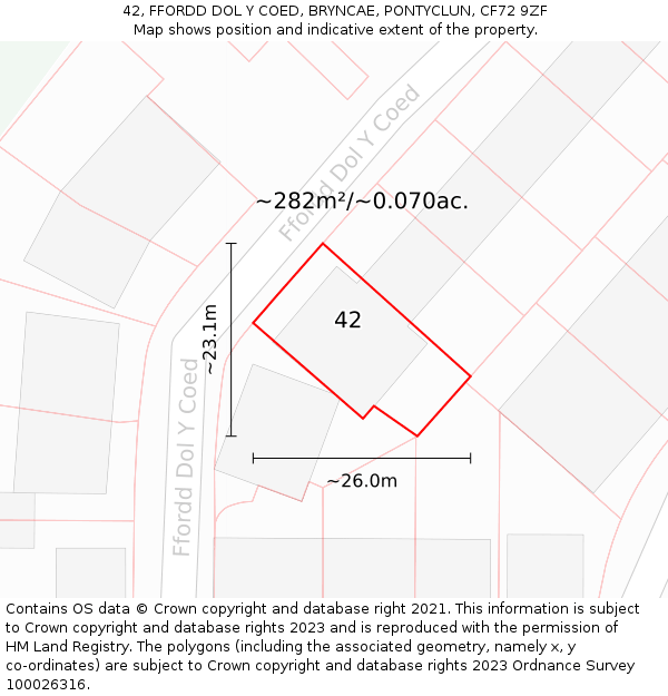 42, FFORDD DOL Y COED, BRYNCAE, PONTYCLUN, CF72 9ZF: Plot and title map