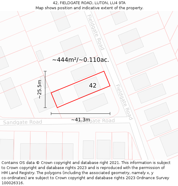 42, FIELDGATE ROAD, LUTON, LU4 9TA: Plot and title map