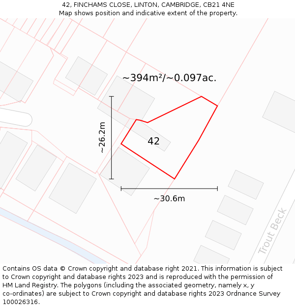42, FINCHAMS CLOSE, LINTON, CAMBRIDGE, CB21 4NE: Plot and title map