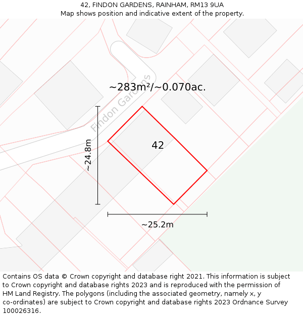 42, FINDON GARDENS, RAINHAM, RM13 9UA: Plot and title map