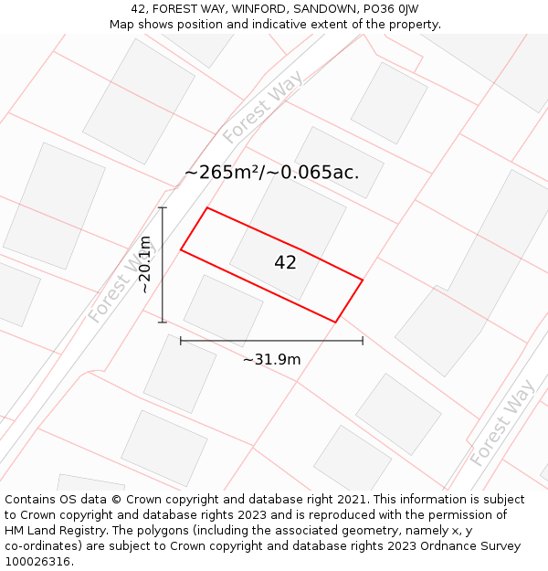 42, FOREST WAY, WINFORD, SANDOWN, PO36 0JW: Plot and title map