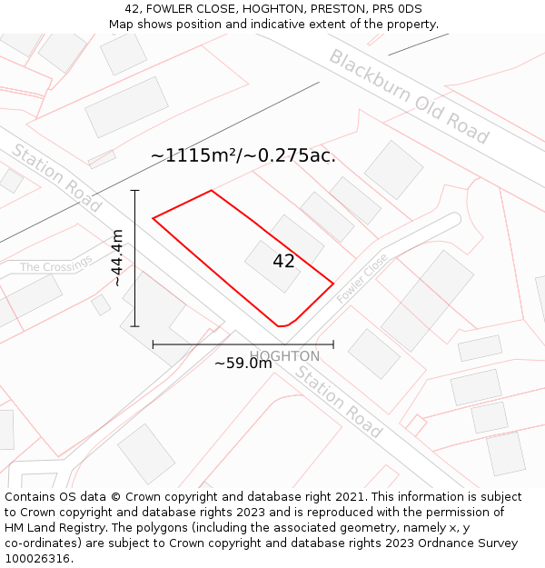 42, FOWLER CLOSE, HOGHTON, PRESTON, PR5 0DS: Plot and title map