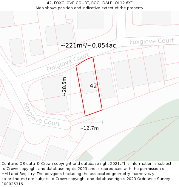 42, FOXGLOVE COURT, ROCHDALE, OL12 6XF: Plot and title map