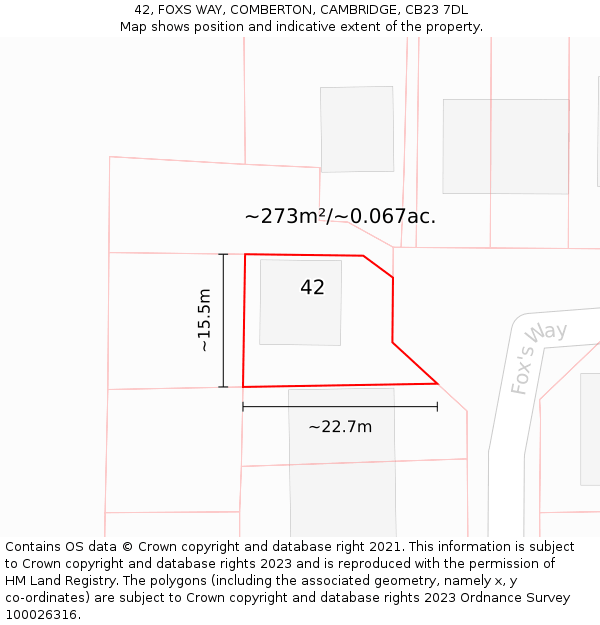 42, FOXS WAY, COMBERTON, CAMBRIDGE, CB23 7DL: Plot and title map