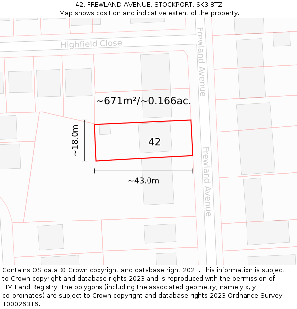 42, FREWLAND AVENUE, STOCKPORT, SK3 8TZ: Plot and title map