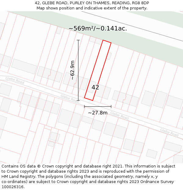 42, GLEBE ROAD, PURLEY ON THAMES, READING, RG8 8DP: Plot and title map
