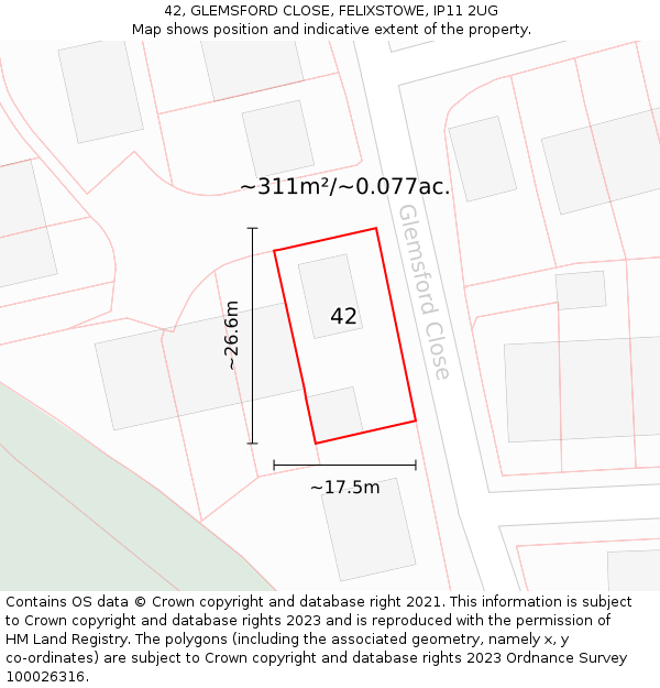 42, GLEMSFORD CLOSE, FELIXSTOWE, IP11 2UG: Plot and title map