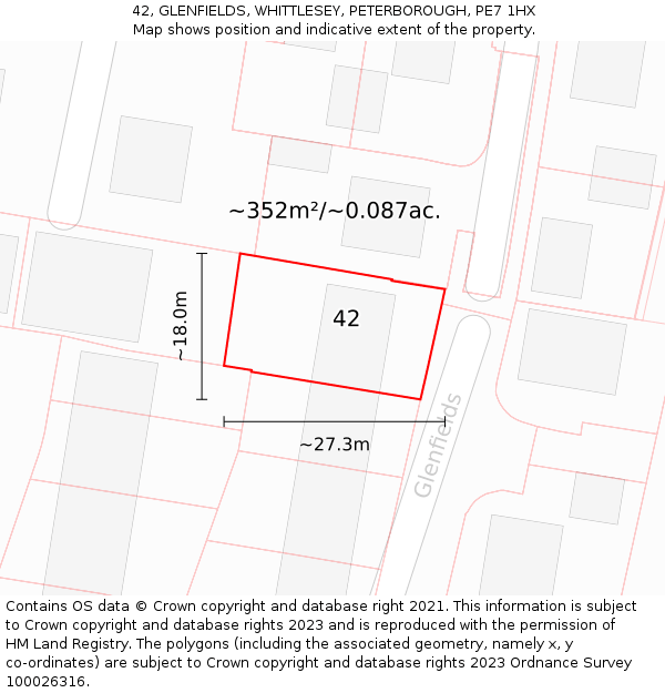 42, GLENFIELDS, WHITTLESEY, PETERBOROUGH, PE7 1HX: Plot and title map