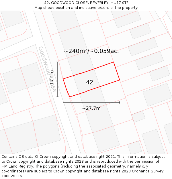 42, GOODWOOD CLOSE, BEVERLEY, HU17 9TF: Plot and title map