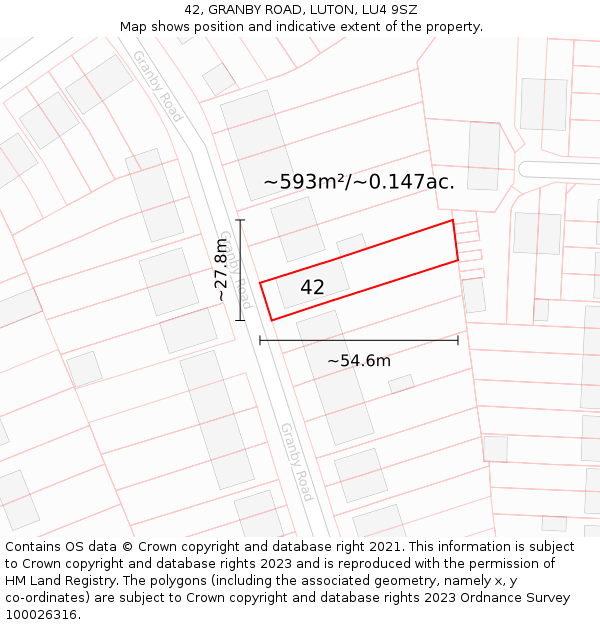 42, GRANBY ROAD, LUTON, LU4 9SZ: Plot and title map