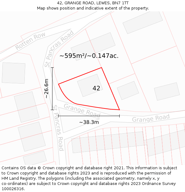 42, GRANGE ROAD, LEWES, BN7 1TT: Plot and title map