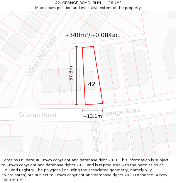 42, GRANGE ROAD, RHYL, LL18 4AE: Plot and title map