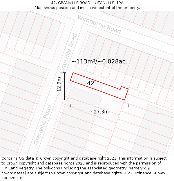 42, GRANVILLE ROAD, LUTON, LU1 1PA: Plot and title map