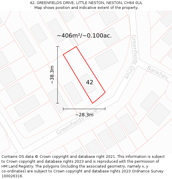 42, GREENFIELDS DRIVE, LITTLE NESTON, NESTON, CH64 0UL: Plot and title map